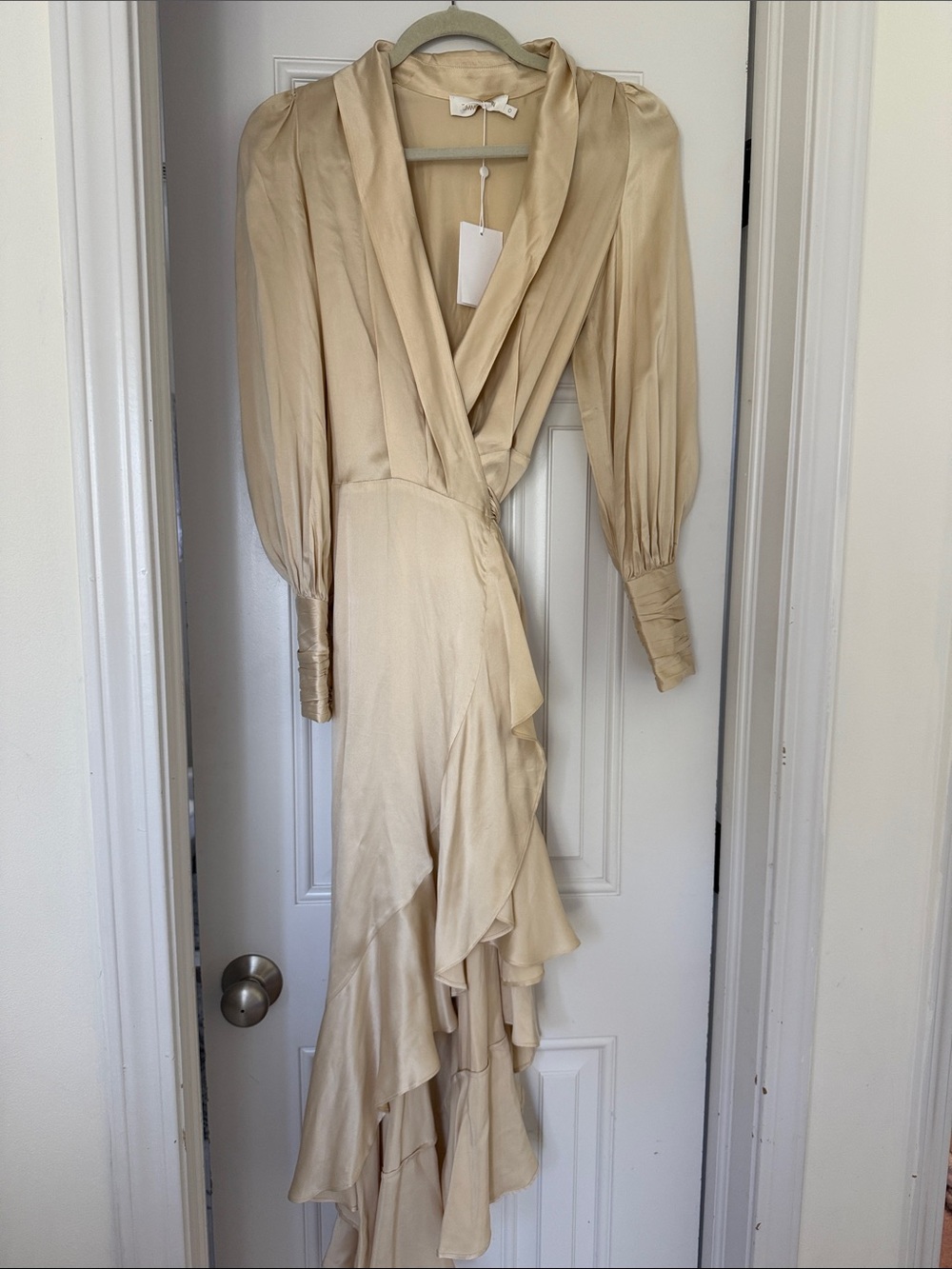 Zimmermann Ivory Satin Wrap Maxi Dress with Ruffle Cascade